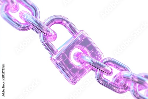 A translucent, glowing padlock secures a digital blockchain, symbolizing security and data integrity in a futuristic abstract visualization.
