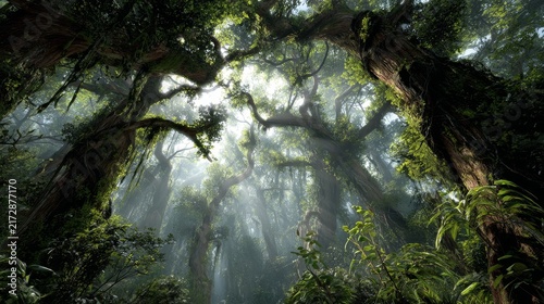 63.Deep rainforest interior with towering trunks and dense leafy canopy, springtime growth visible on branches, climbing vines and epiphytes, beams of sunlight breaking through foliage, humid mist