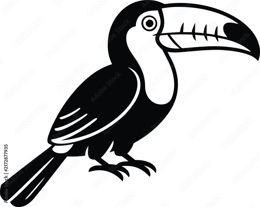 Naklejka premium Toucan bird icon rendered in a bold black and white silhouette style, displaying a prominent large beak and a clean profile view of an exotic rainforest animal