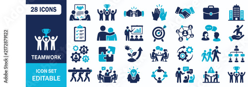Teamwork Icon Set Showing Business People Collaboration Trophy Handshake Support Meeting Success Partnership Vector Illustration Collection