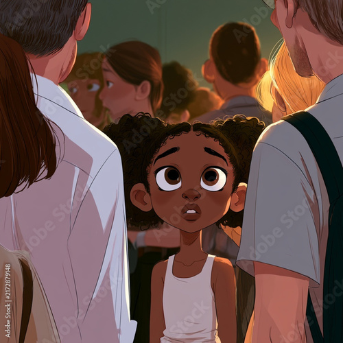 Black Girl Talking to Adults, Cute Cartoon Illustration