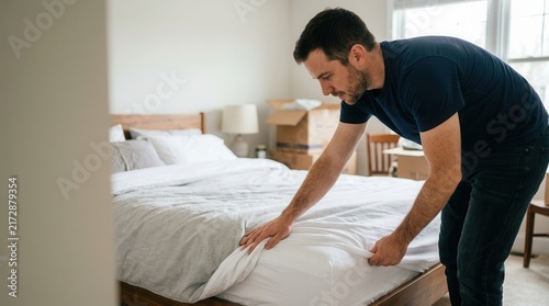 A man carefully making his bed in a new home