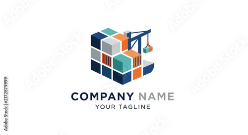Modern geometric logo design with colorful cube and crane icon.