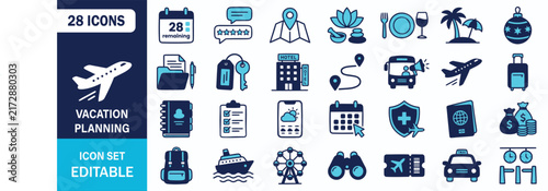 Vacation Planning Icon Set Showing Trip Booking Hotel Passport Itinerary Travel Insurance Vacation Vector Illustration Collection