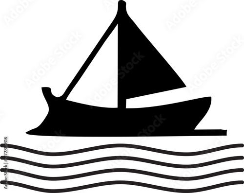 Simple Black Sailboat Icon On Wavy Ocean Water Stock Vector