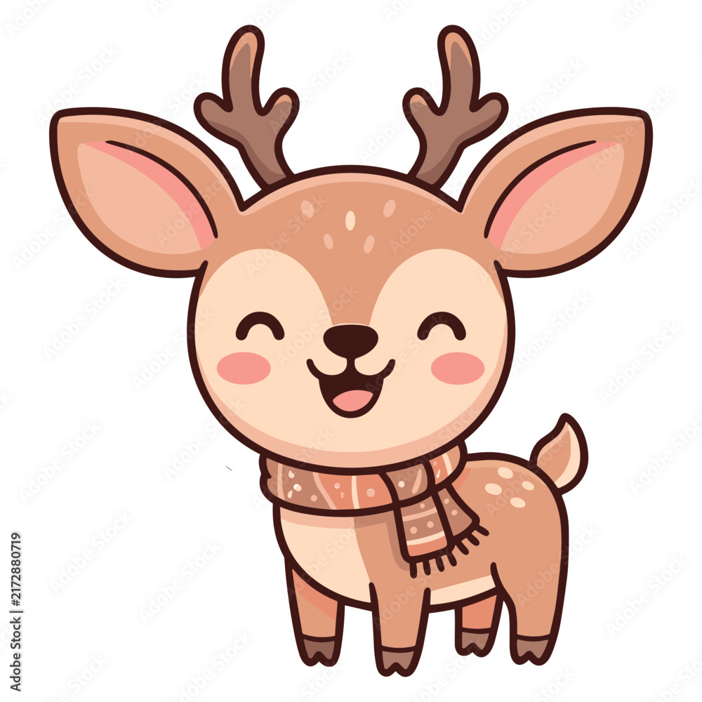 Fototapeta premium Cute baby deer cartoon character with scarf smiling flat vector illustration