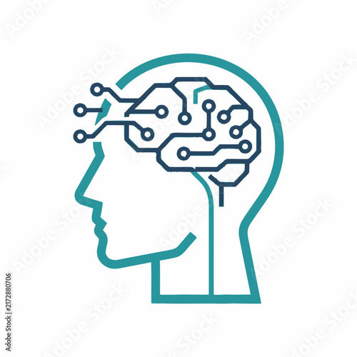 Human head silhouette with circuit board brain design.