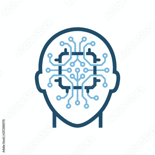 Human head silhouette with circuit board brain design.