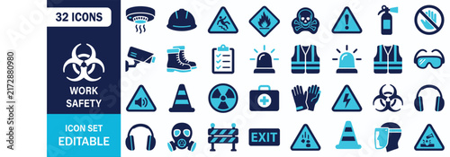 Work Safety Icon Set Showing Hazard Warning Protective Equipment Hard Hat Fire Danger First Aid Vector Illustration Collection