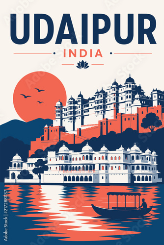 Udaipur India travel poster featuring Lake Palace and City Palace silhouette with boat on water under sunset