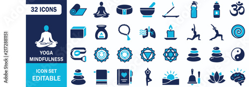 Yoga and Mindfulness Icon Set Showing Meditation Chakra Wellness Zen Relaxation Spiritual Balance Vector Illustration Collection