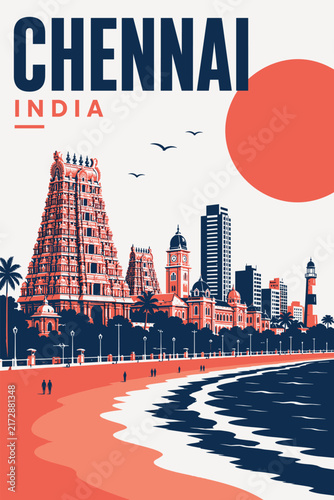 Chennai India travel poster featuring Marina Beach and Kapaleeshwarar Temple skyline