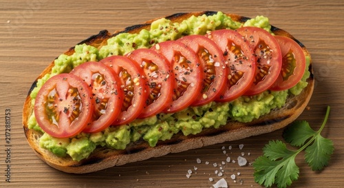 Fresh avocado tomato sandwich on wooden board.