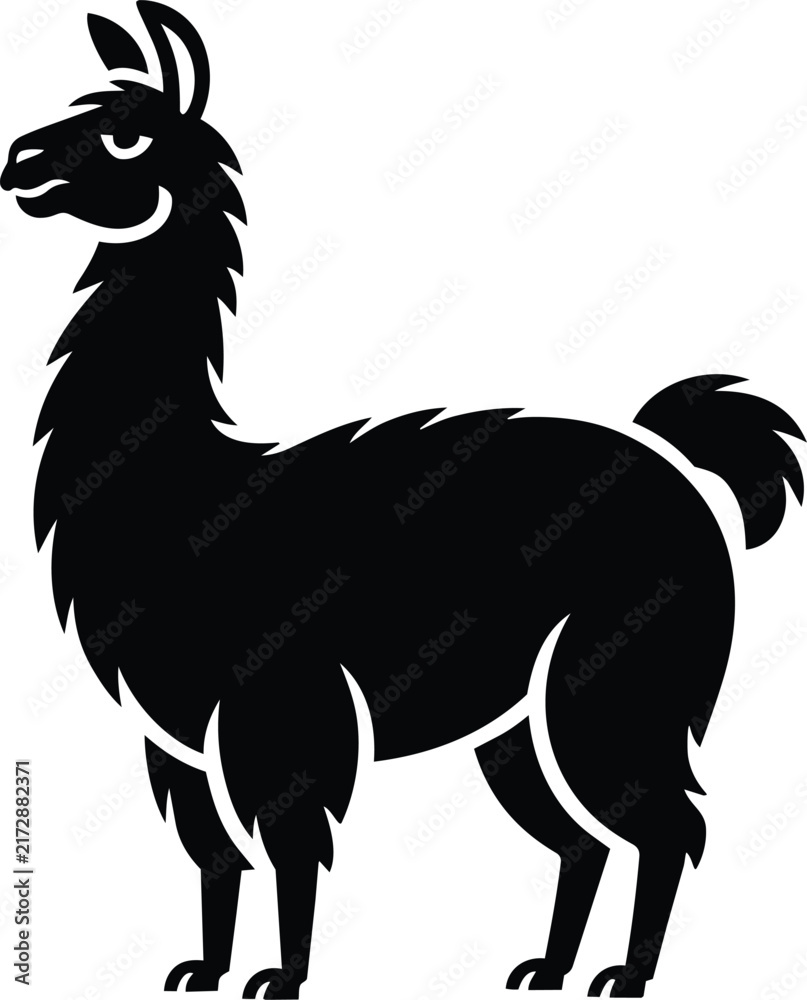 Naklejka premium Black llama silhouette standing in side profile, stylized alpaca vector icon isolated on a white background representing a simple domestic farm animal