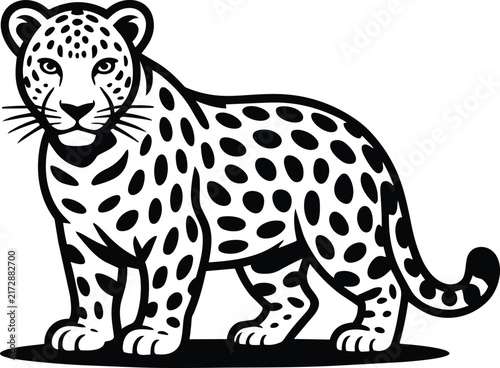 Canvas Print Standing leopard illustration with spotted fur, black and white vector graphic o