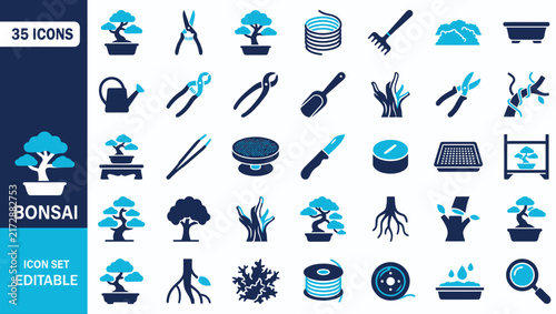 Bonsai Icon Set Showing Tree Pot Pruning Shears Gardening Tools Roots Care Vector Illustration Collection