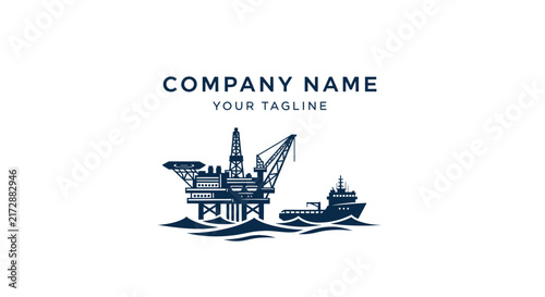 Minimalist maritime logo design with ship and offshore platform illustration.