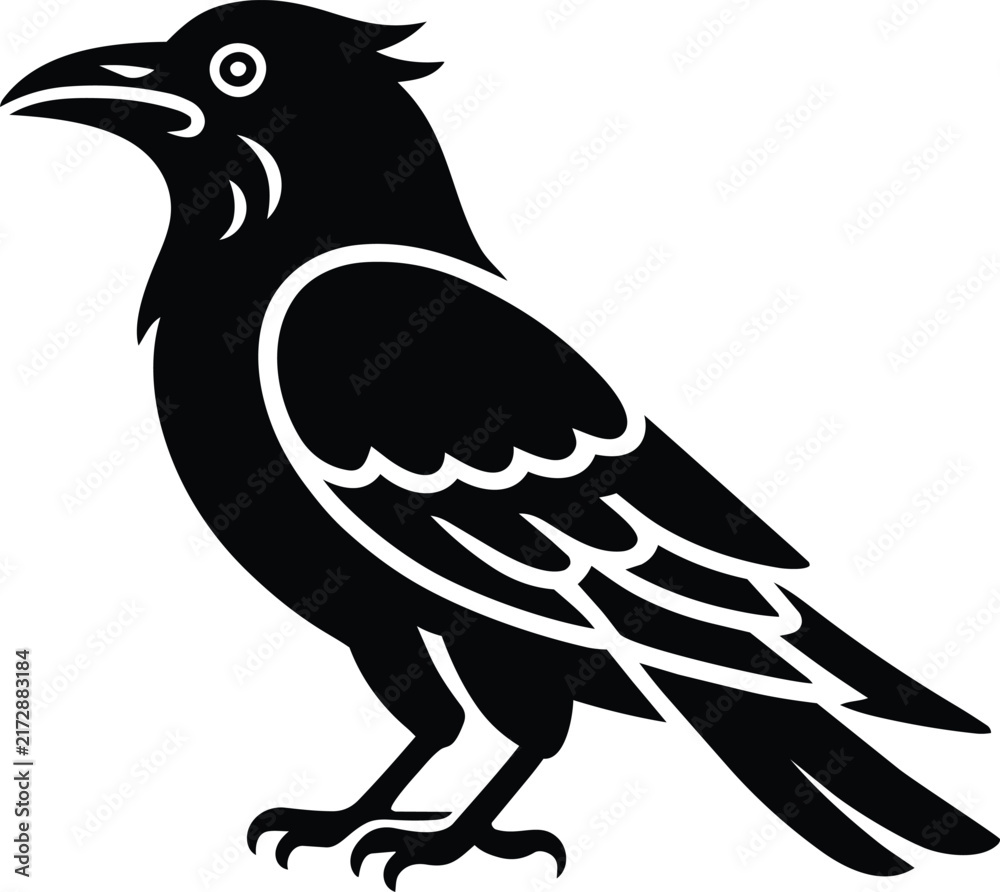Naklejka premium Stylized black raven icon standing on a white background, bold graphic vector illustration of a wild crow with detailed feather patterns and sharp beak