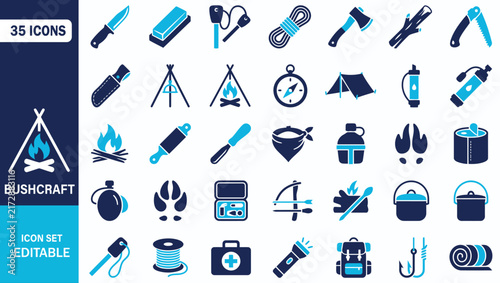Bushcraft Icon Set Showing Camping Survival Knife Campfire Tent Outdoor Wilderness Tools Vector Illustration Collection