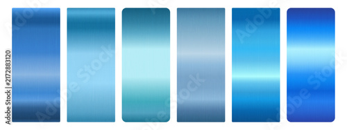 Blue metal gradient swatches set. Navy, turquoise, cyan, and icy metallic foil vertical rectangles with brushed texture finish. Color palette for background, frame. Vector design elements.