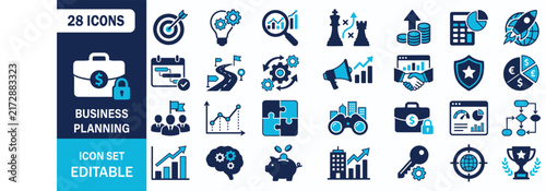 Business Planning Icon Set Showing Strategy Growth Target Investment Roadmap Analysis Management Vector Illustration Collection