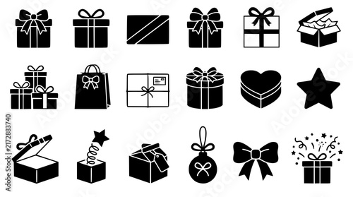 Gift Box Present Ribbon Bow Celebration Black Silhouette Vector Icon Set 18