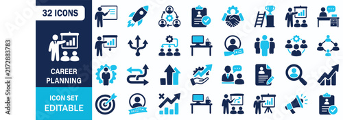 Career Planning Icon Set Showing Business Growth Job Interview Resume Presentation Mentorship Networking Vector Illustration Collection