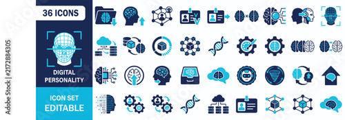 Digital Personality Icon Set Showing AI Brain Identity Data Cloud Face Recognition Technology Vector Illustration Collection