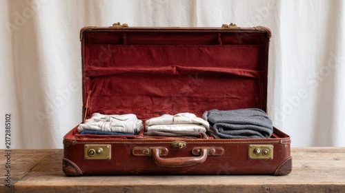 Open vintage leather suitcase with folded shirts and blanket, travel and nostalgia concept