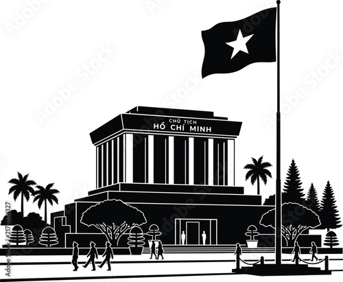 Ho Chi Minh Mausoleum with Waving Flag and City Skyline Black and White Vector Illustration