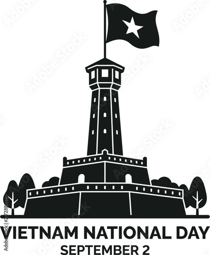 Hanoi Flag Tower Vietnam National Day September 2nd Black and White Vector Illustration