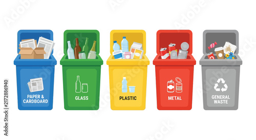 Five recycling bins labeled for paper glass plastic metal and general waste