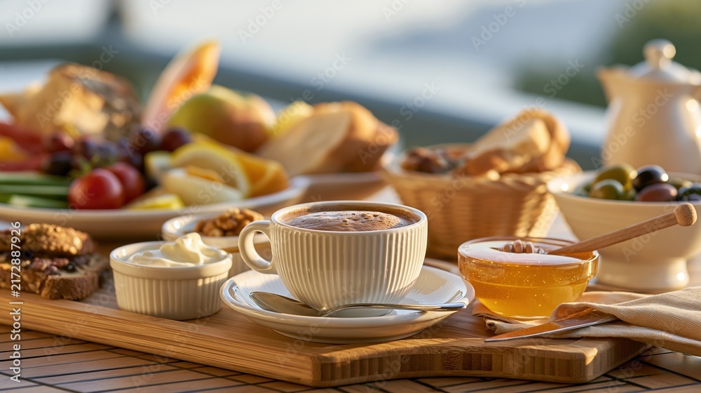 Fototapeta premium Delicious and Healthy Breakfast Spread with Fresh Fruits, Pastries, Coffee, and Honey