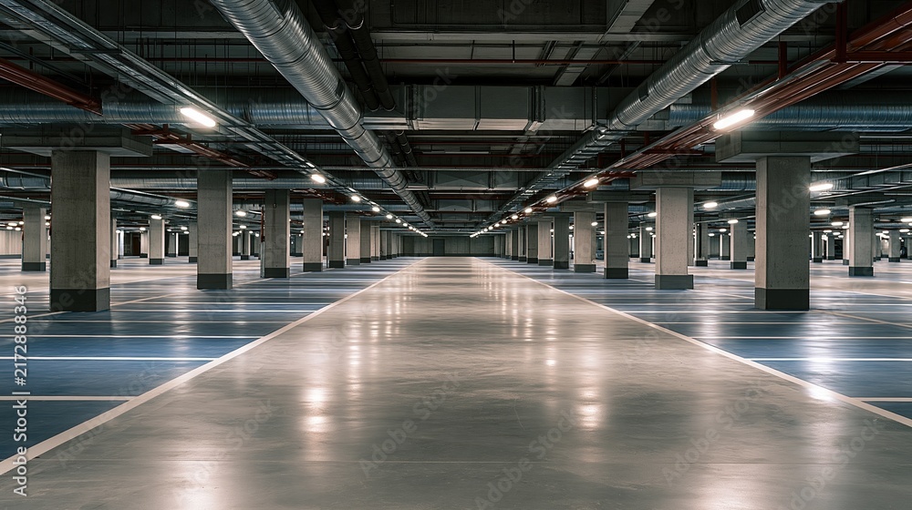 Obraz premium Vast, Empty Underground Parking Garage with Rows of Concrete Columns and Bright Overhead Lighting