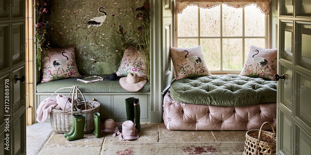 Fototapeta premium Charming Countryside Retreat with Floral Crane Motifs and Cozy Seating Nooks