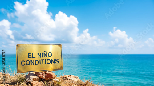 El Niño Conditions Warning Sign Overlooking Tropical Ocean Horizon Under Sunny Sky. Conceptual Climate Change and Global Warming Coastal Environment Stock Photography.