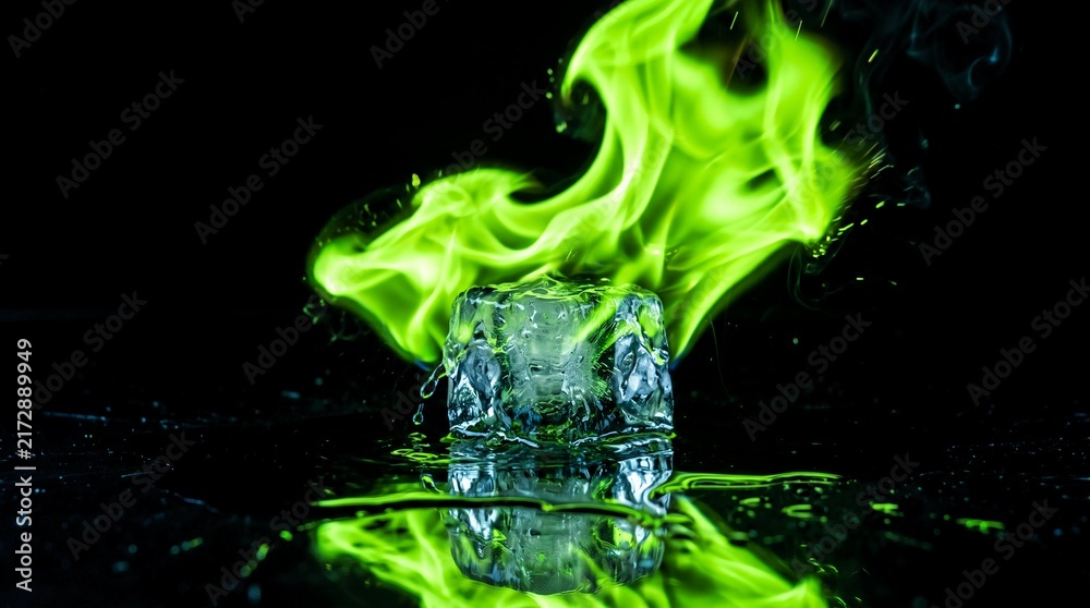 Naklejka premium Ice Cube Burning with Green Fire on Reflective Surface
