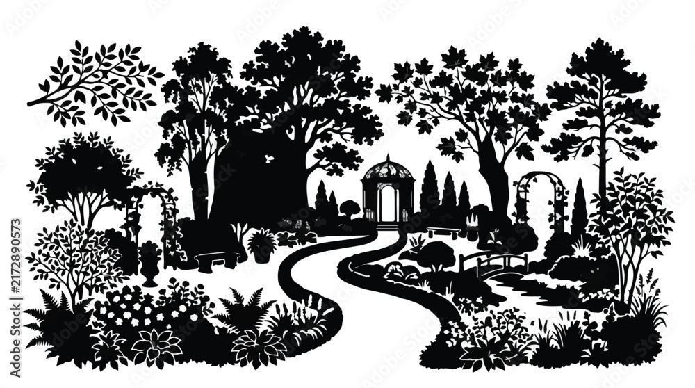 Obraz premium Silhouette garden landscape. Two black and white decorative seamless patterns with trees, shrubbery, and a winding path. Plant silhouettes for backgrounds. Decoration isolated PNG with
