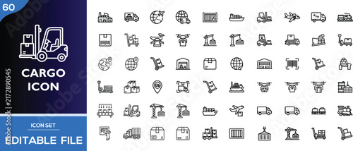 Cargo Icons Set. 60 Editable Vector Delivery Symbols. Shipping, Logistics, Freight, Carting, Transport, Warehouse Items. Pictograms for Web, App, UI