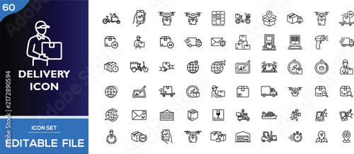 sixty editable delivery icons, modern logistics line art set, shipping symbols for web design, courier vector symbols, ecommerce transport graphics