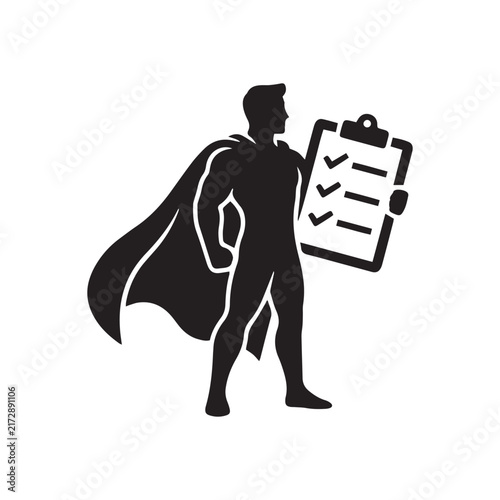 superhero holding a clipboard with a checklist icon on white background