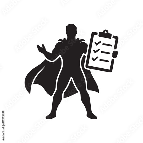 superhero character holding a clipboard with checkmarks black icon