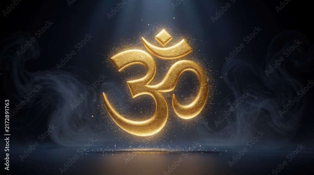 Fototapeta premium A glowing golden Om symbol illuminated by a spotlight, surrounded by floating particles and a misty dark background.
