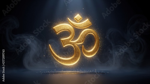 A glowing golden Om symbol illuminated by a spotlight, surrounded by floating particles and a misty dark background.