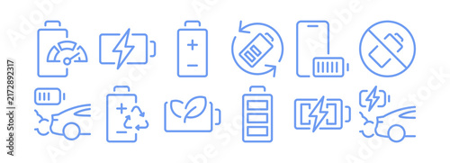 Car battery icon set, automotive charging symbols, exhaust emission warnings, plus minus terminal marks for vehicle maintenance, recycle arrows isolated flat illustration.