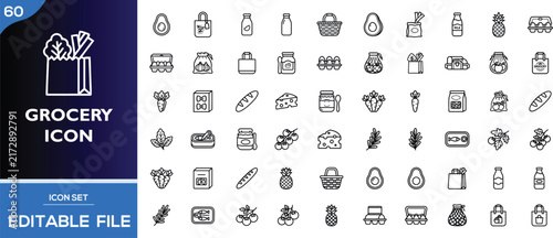 60 Grocery Icons Outline Collection, Editable Vector Art Set, Food Symbols, Supermarket Illustrations, Shopping Design Elements, Black and White Line Art