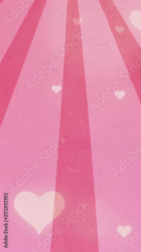 Animation of hearts and glowing spots of light on pink striped background