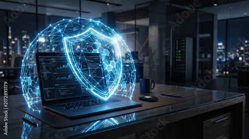 Laptop sits on a dark office desk protected by a glowing blue digital shield representing advanced cybersecurity measures.