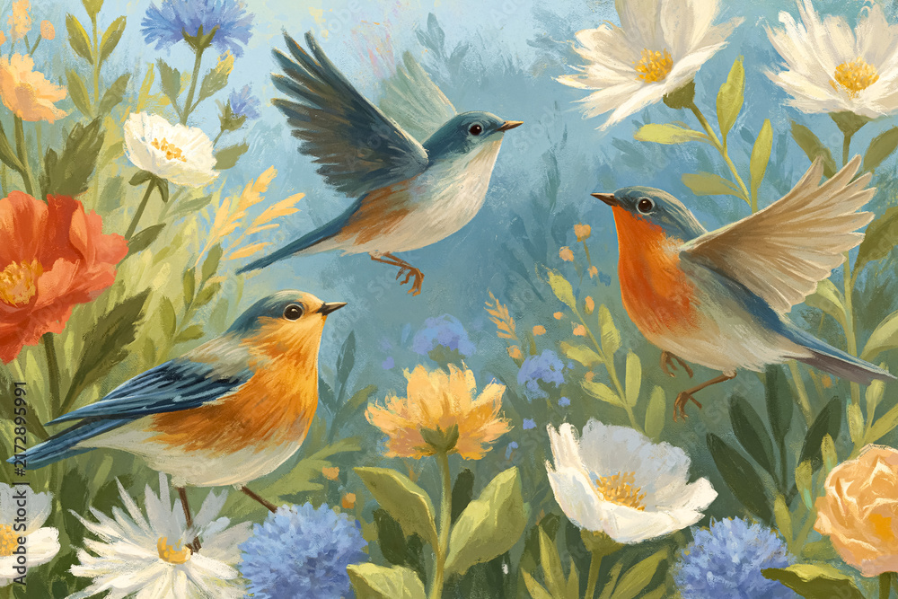 Obraz premium Three bluebirds interacting with a vibrant meadow filled with blooming flowers, depicting spring's arrival and natural beauty