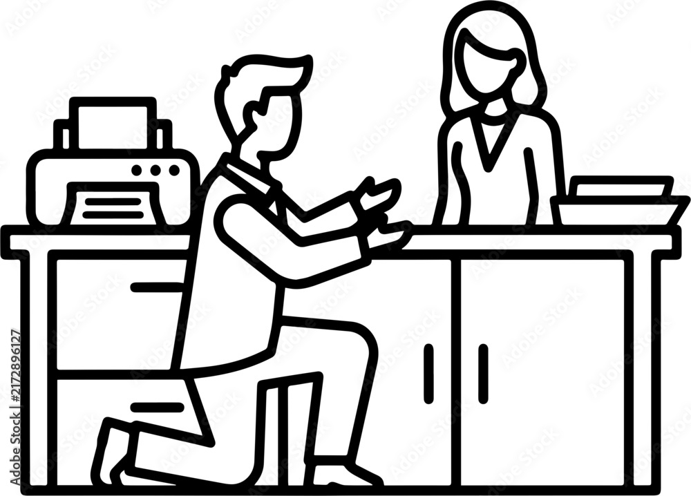 Fototapeta premium Man kneeling on one knee in front of a woman at a reception desk in a workplace setting, A minimalist black line drawing of a man kneeling on one knee in front of a woman standing behind an office des